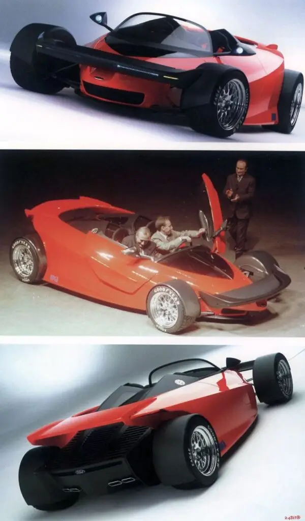 Ford Indigo 1966 - Engine Stories Red futuristic sports car concept with sleek design and open cockpit, showcased on a lit platform, highlighting innovation.