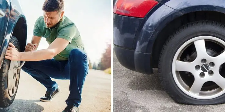Man changing a flat tire on the roadside; close-up of the flat car tire on asphalt.