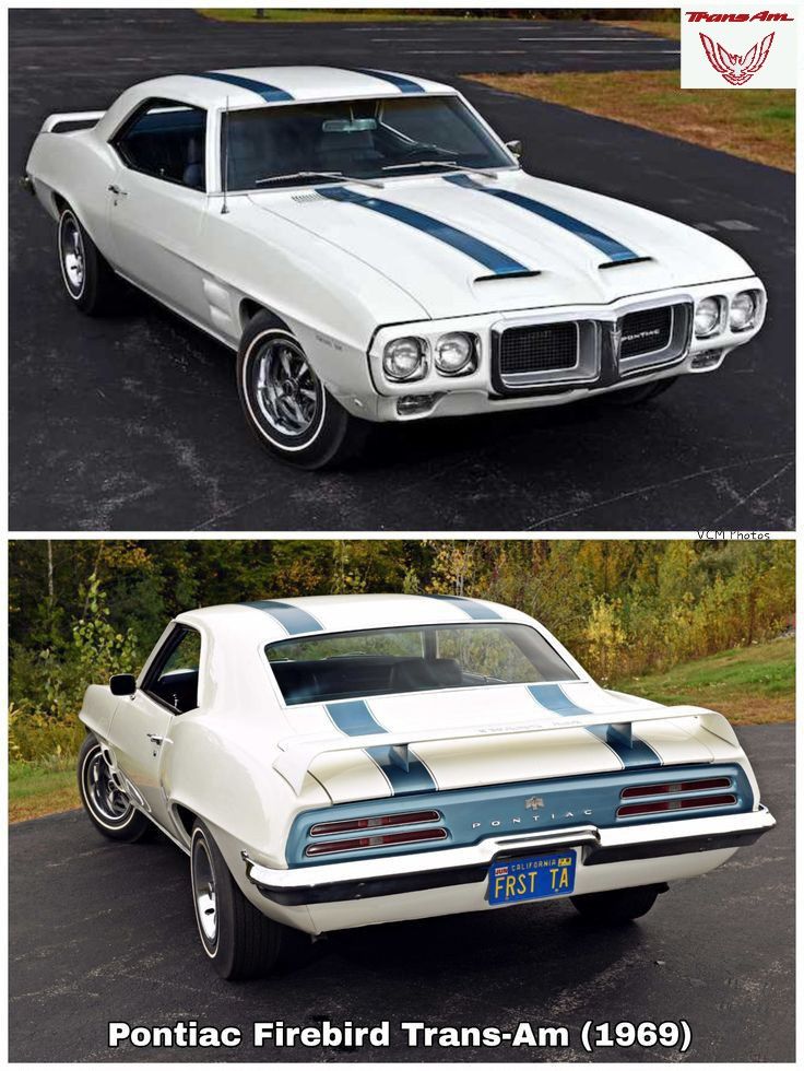 Pontiac Firebird Trans Am1969 - Engine Stories 1969 Pontiac Firebird Trans-Am, white with blue stripes, classic muscle car from front and rear views, parked outdoors.