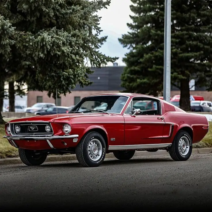 Shelby GT500CR Mustang - Engine Stories Classic red 1968 Ford Mustang GT parked by trees, showcasing vintage car design and timeless style.