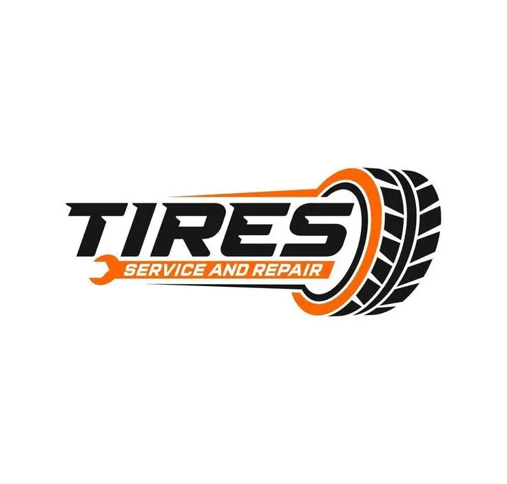 Tires service and repair logo with wrench and tire design in orange and black.