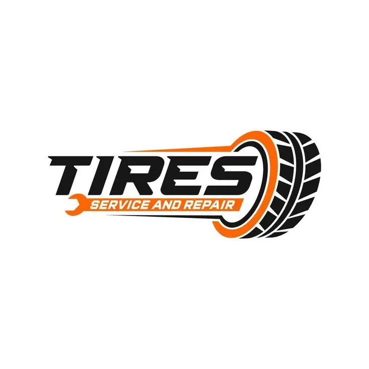 Tires service and repair logo with wrench and tire design in orange and black.