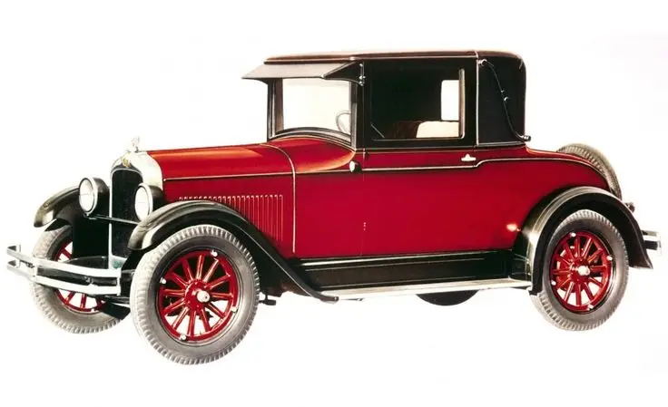 Classic vintage car, red coupe with black top and detailed spoked wheels, showcasing early 20th-century automotive design.