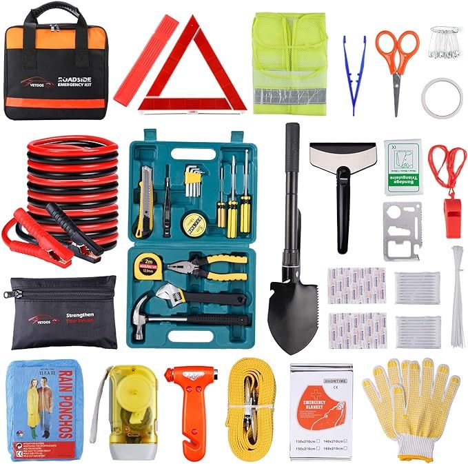 Vetoos Car Roadside Emergency Kit with Jumper Cables Auto Vehicle Safety Road Side Assistance Kits Winter Car Kit Essentials for Men and Women Starter Repair Kit with Folding Survival Sho - Engine Stories Comprehensive roadside emergency kit with tools, jumper cables, first aid, and safety gear for car travel preparedness.