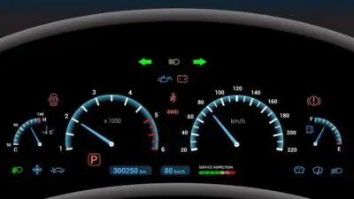 Car dashboard with speedometer, tachometer, and warning lights, showing 300250 km, 80 km/h, and service alert indicators.