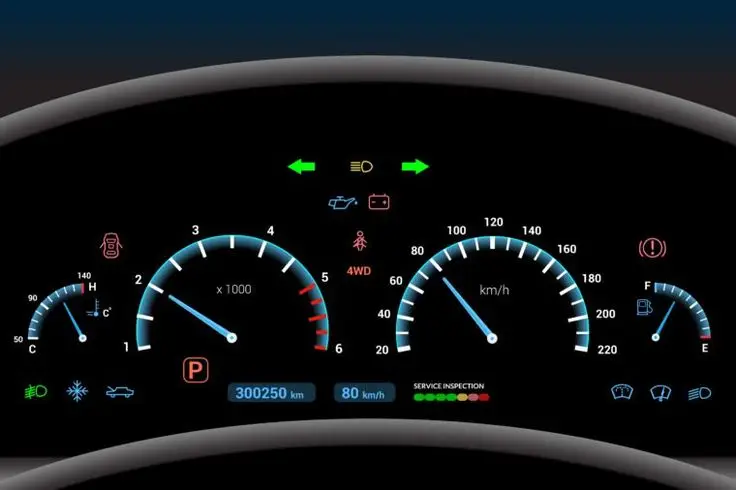Car dashboard with speedometer, tachometer, and warning lights, showing 300250 km, 80 km/h, and service alert indicators.