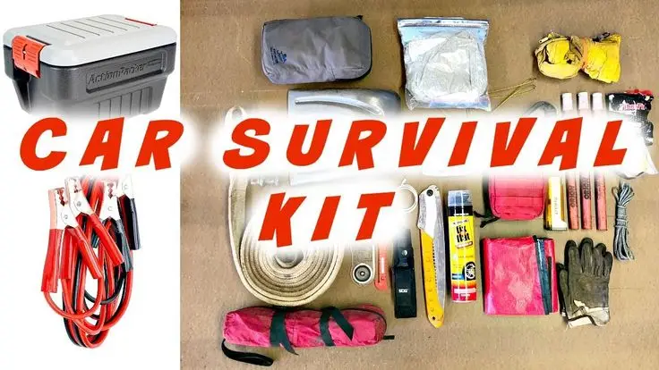 Car survival kit essentials including jumper cables, tools, gloves, and emergency gear for roadside safety.