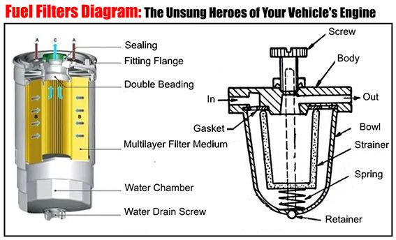 Fuel Filters_ The Unsung Heroes of Your Vehicles - Engine Stories Diagram of a fuel filter showcasing components like sealing, filter medium, water chamber, and strainer with detailed labels.