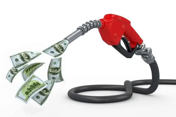 Gas pump nozzle with flowing dollar bills, illustrating rising fuel costs and economic impact.