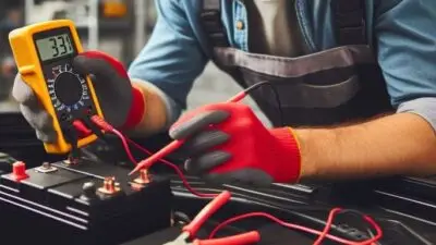Technician measuring car battery voltage with a multimeter, wearing red gloves for safety.