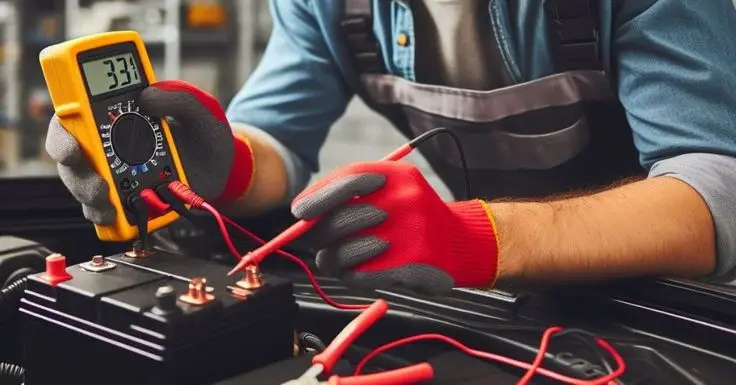 Technician measuring car battery voltage with a multimeter, wearing red gloves for safety.
