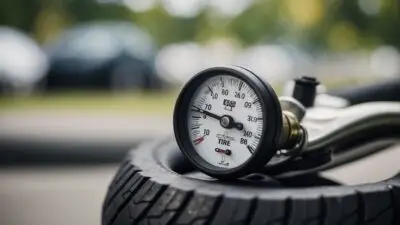 Tire pressure gauge measuring air pressure, resting on a tire. Essential auto maintenance tool with blurred cars in the background.