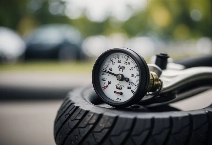 Tire pressure gauge measuring air pressure, resting on a tire. Essential auto maintenance tool with blurred cars in the background.
