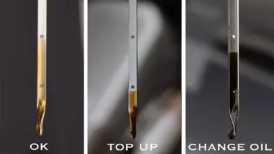 Oil dipstick levels: OK, Top Up, Change Oil. Visual guide for car maintenance and checking engine oil levels.