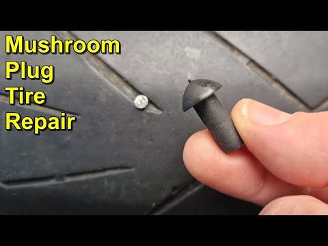 Mushroom plug tire repair: hand holding a plug next to a punctured tire with a nail, text reads Mushroom Plug Tire Repair.
