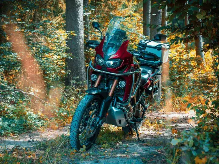 Red adventure motorcycle parked on a forest trail, surrounded by vibrant autumn foliage.