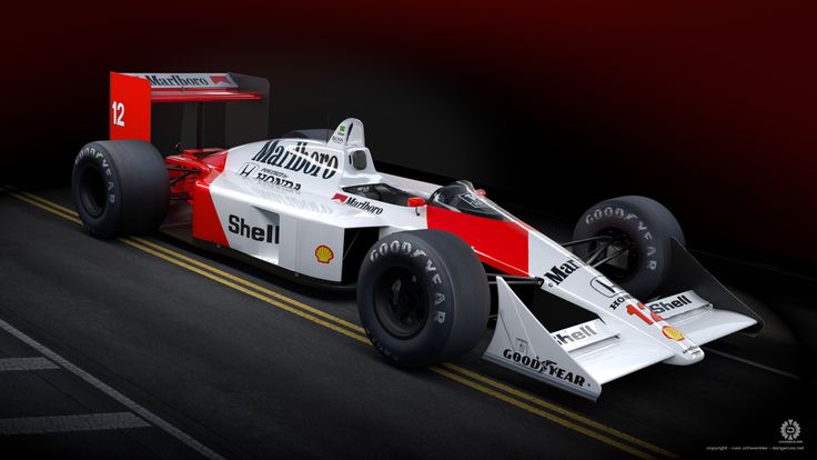 1988 McLaren MP4-4 Russ Schwenkler - Engine Stories Classic Formula 1 race car with red, white livery and sponsor logos, displayed on a simulated track.