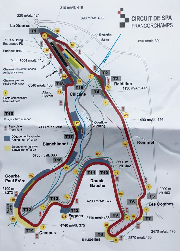 Circuit de Spa-Francorchamps - Engine Stories Map of Circuit de Spa-Francorchamps racetrack, showcasing turns, elevation changes, and key points like La Source and Eau Rouge.