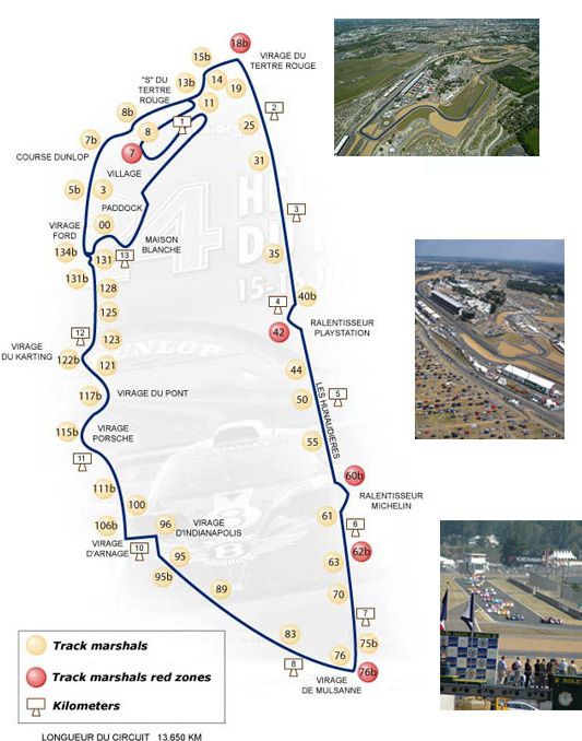 French Circuit de la Sarthe Le Mans 13_629kms - Engine Stories Le Mans circuit map with track marshall locations and aerial views, highlighting key sections in motorsport racecourse.