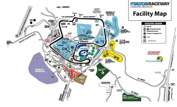 Laguna Seca - Engine Stories Mazda Raceway Laguna Seca facility map showing track layout, parking, and visitor amenities.