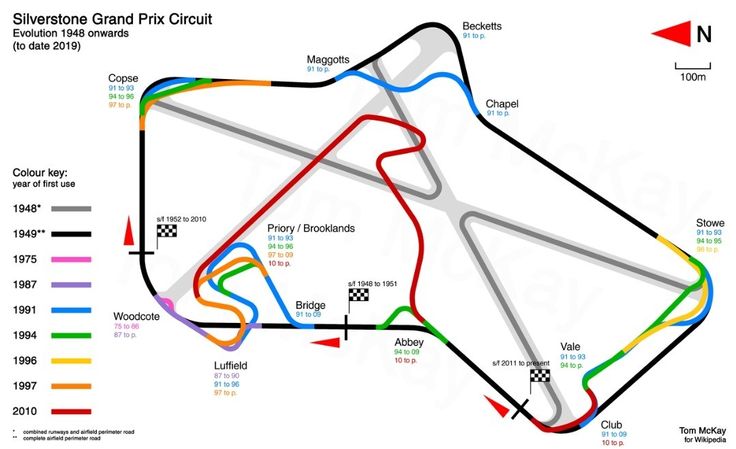 b9865a75-64e8-4103-9813-a65f5ad5e416 - Engine Stories Silverstone Grand Prix Circuit map showing layout evolution from 1948 to 2010 with color-coded sections for each era.