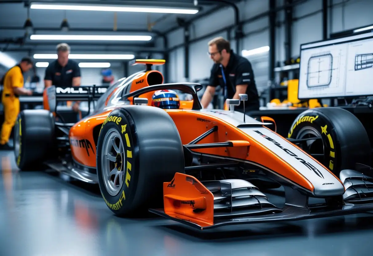 v2-yiv74-g105l - Engine Stories Formula 1 race car in a garage with engineers preparing for a race, featuring aerodynamic design and vibrant orange livery.