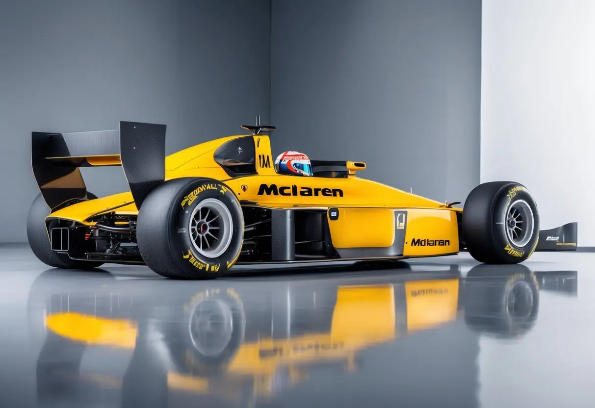 v2-yiv8o-36c5u - Engine Stories Yellow McLaren race car in sleek design, side view, in a showroom with reflective floor.
