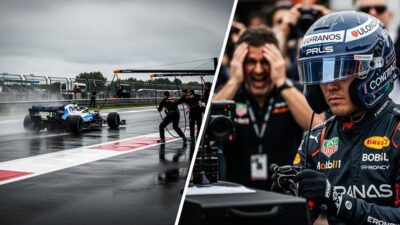 Race car in pit stop, crew on a rainy track, helmeted driver focused, and excited crew member reacting during motorsport event.
