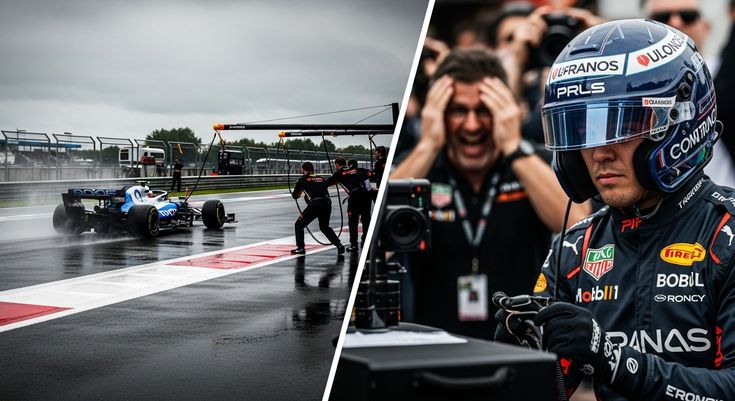 Race car in pit stop, crew on a rainy track, helmeted driver focused, and excited crew member reacting during motorsport event.
