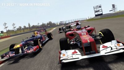 Exciting race in progress featuring F1 cars on a track, showcasing speed and competition.