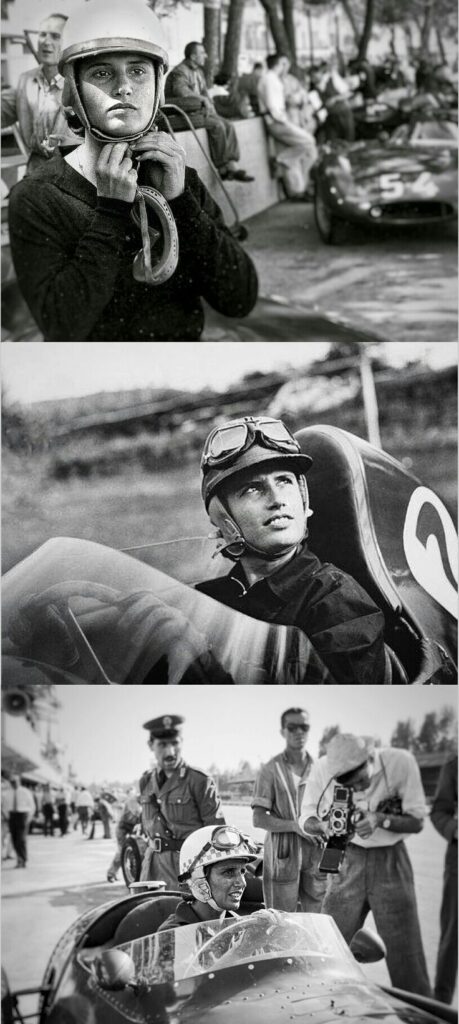 Vintage racing drivers preparing and posing with classic race cars, capturing the essence of historic motorsport events.