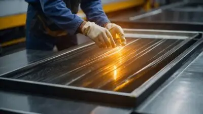 Worker in gloves inspecting glowing machinery surface for quality control in industrial setting.