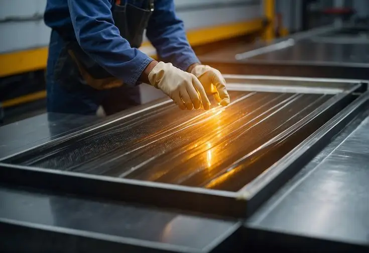 Worker in gloves inspecting glowing machinery surface for quality control in industrial setting.