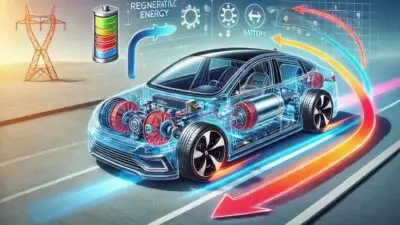 Futuristic electric car displaying regenerative energy and battery technology on the road, highlighting efficiency and innovation.