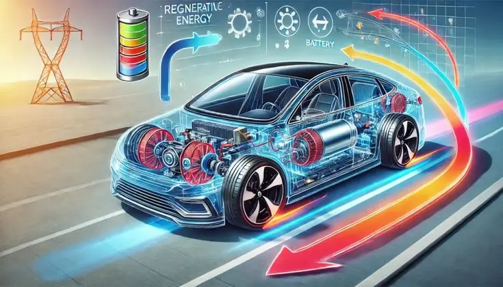 Futuristic electric car displaying regenerative energy and battery technology on the road, highlighting efficiency and innovation.