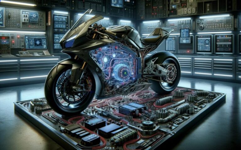 Futuristic motorcycle with exposed engine, set in a high-tech lab, showcasing advanced technology and circuit board design.