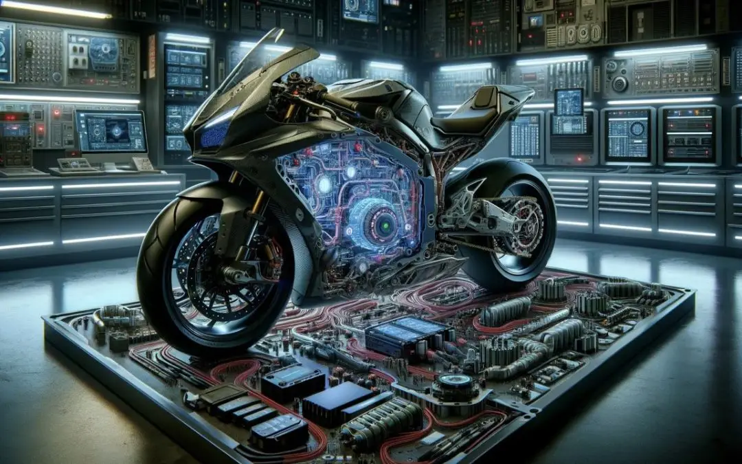 Futuristic motorcycle with exposed engine, set in a high-tech lab, showcasing advanced technology and circuit board design.