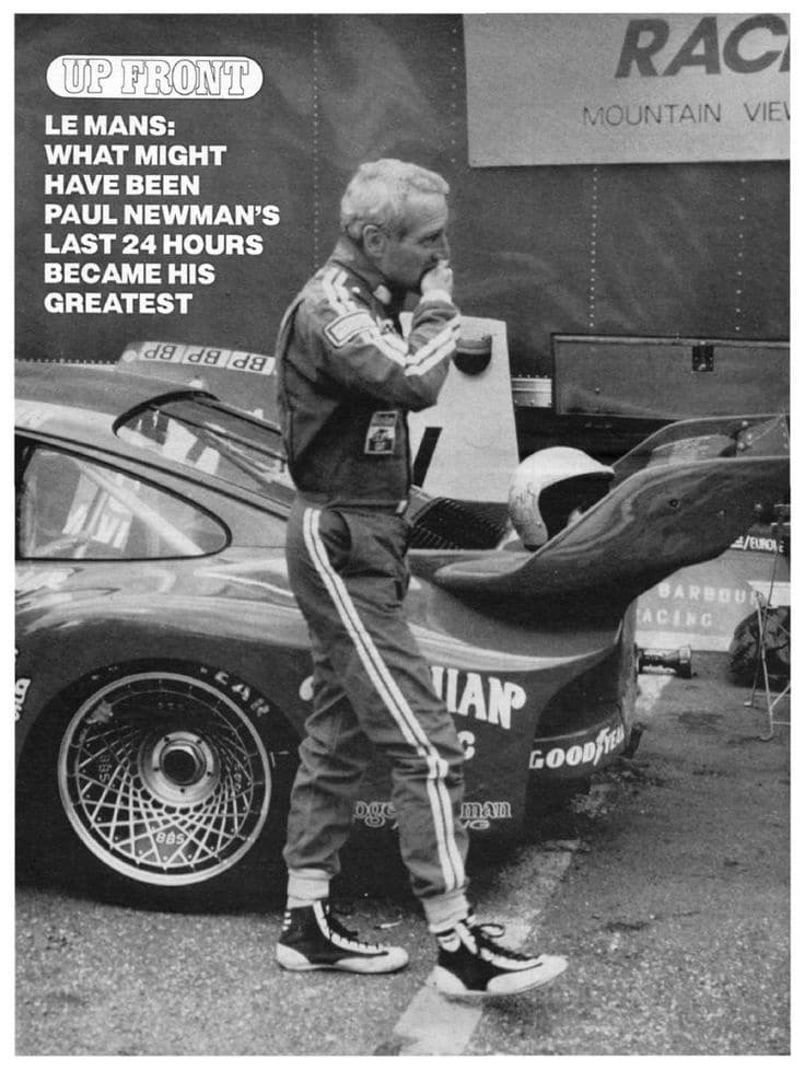 Racing driver in overalls beside race car at Le Mans, reflecting; text discusses his significant race. Monochrome photo.