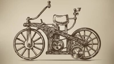 Vintage sketch of an early motorcycle design, showcasing intricate gears, wheels, and handlebars on a sepia-toned background.