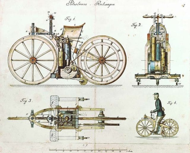 Vintage automotive blueprint, showcasing the design of an early motorized bicycle with detailed mechanical components.