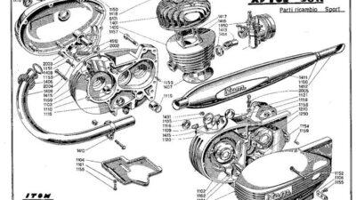 Exploded view of Itom Astor 50cc engine parts, showcasing components like cylinder, crankshaft, and exhaust pipe.