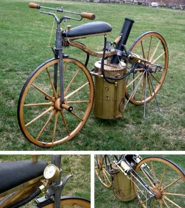 Steampunk inspired bicycle with wooden wheels and steam engine on grass, showcasing a unique vintage design.