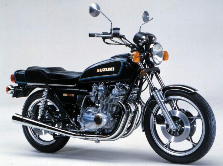 Vintage Suzuki motorcycle, classic black design with chrome elements, side view against a neutral background. Retro style bike.