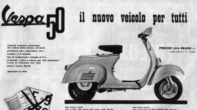 Vintage Vespa 50 ad: Il nuovo veicolo per tutti. Features specs, price at Lire 98,500, and iconic scooter design.