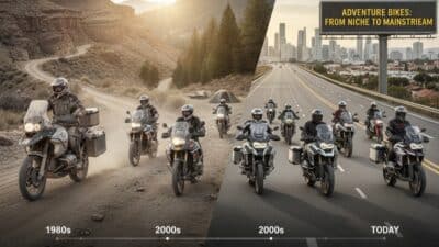 Evolution of adventure bikes: from rugged 1980s trails to mainstream highways, showcasing the journey of innovation and design.