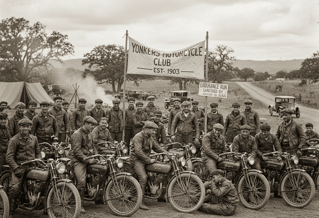 Vintage photo of Yonkers Motorcycle Club members with bikes, taken circa early 1900s during an endurance run event.