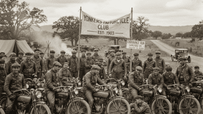 Vintage photo of Yonkers Motorcycle Club members with bikes, taken circa early 1900s during an endurance run event.