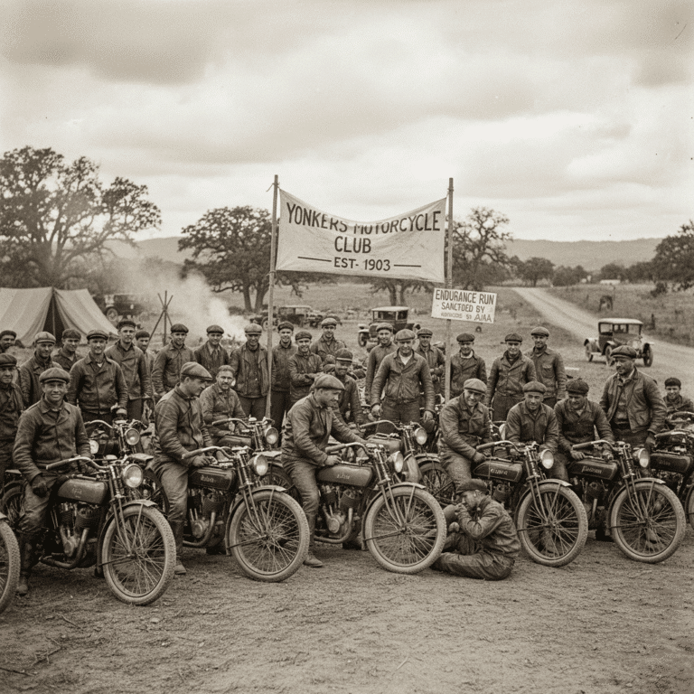 Vintage photo of Yonkers Motorcycle Club members with bikes, taken circa early 1900s during an endurance run event.