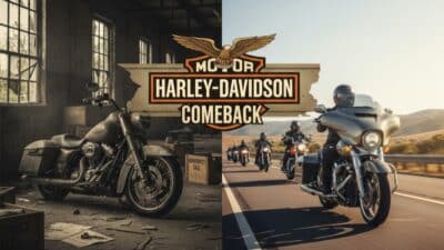 Harley-Davidson revival: one bike in a dusty warehouse, others on open road. Comeback logo symbolizes new beginnings.