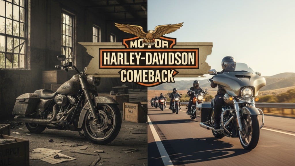 Harley-Davidson revival: one bike in a dusty warehouse, others on open road. Comeback logo symbolizes new beginnings.